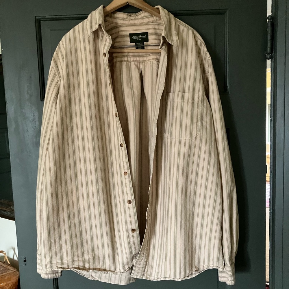 Eddie Bauer Men's Beige Striped Button Down Cotton Shirt